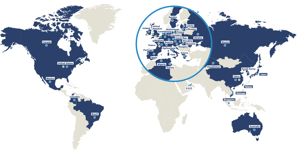 Weltkarte mit den internationalen Standorten von Ipsen