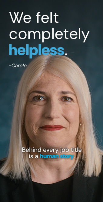 This is the first time I'm speaking about it." –Jacquie. Below: "Behind every job title is a human story.