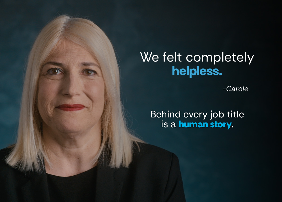 This is the first time I'm speaking about it." –Jacquie. Below: "Behind every job title is a human story.